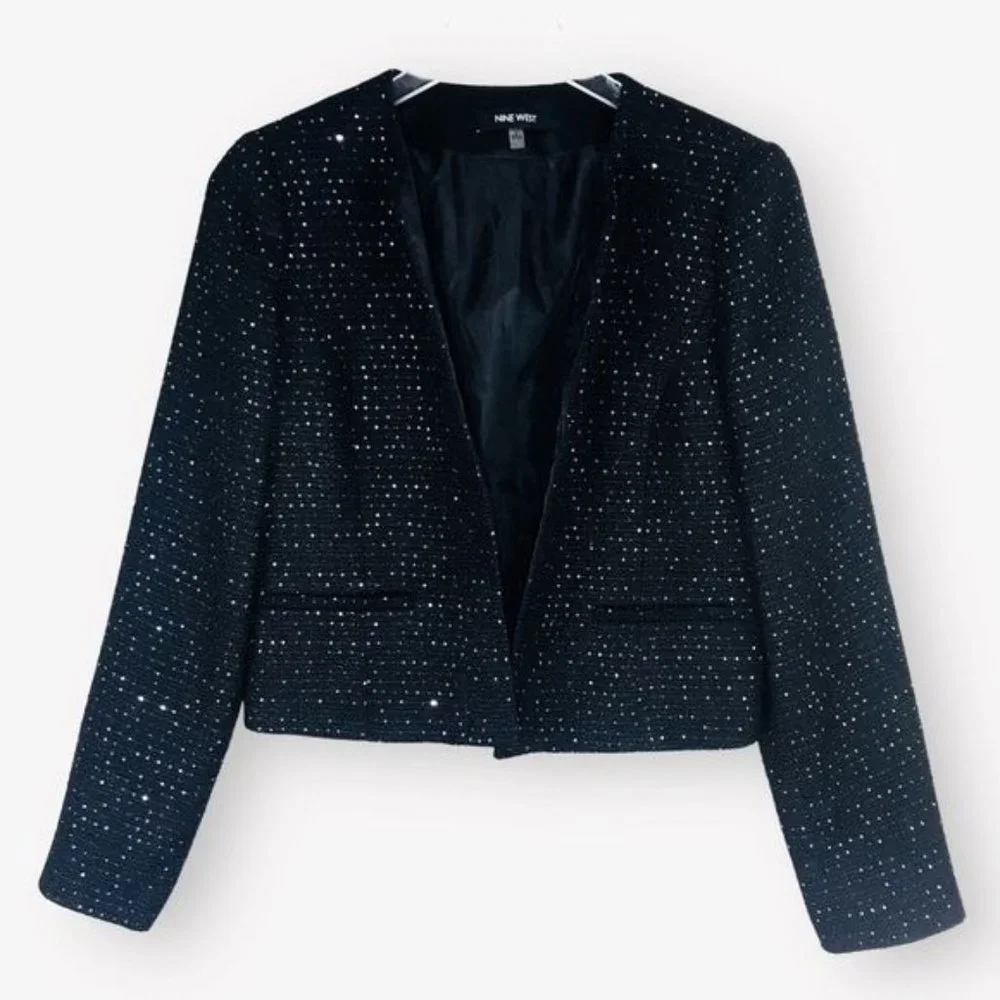 Nine West Black Tweed Sequin Cropped Blazer Jacket Women's Size 2